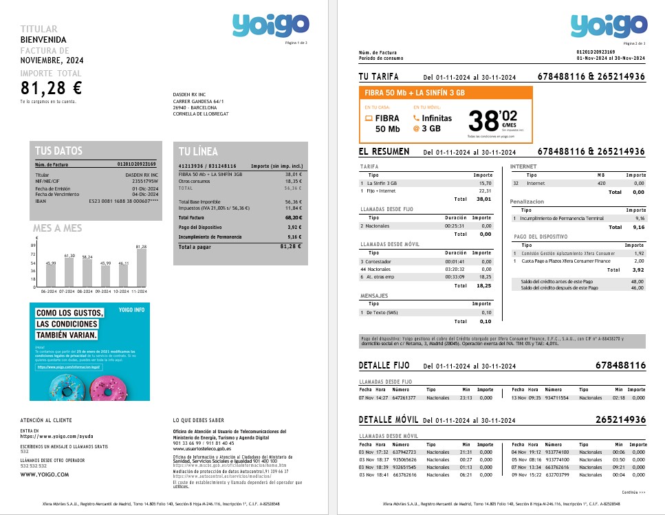 Spain Yoigo internet business utility bill in Word and PDF formats, 3 pages